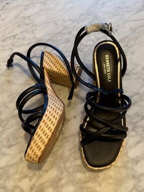 Kenneth Cole Black Strappy Wedge Sandals with Woven Platform